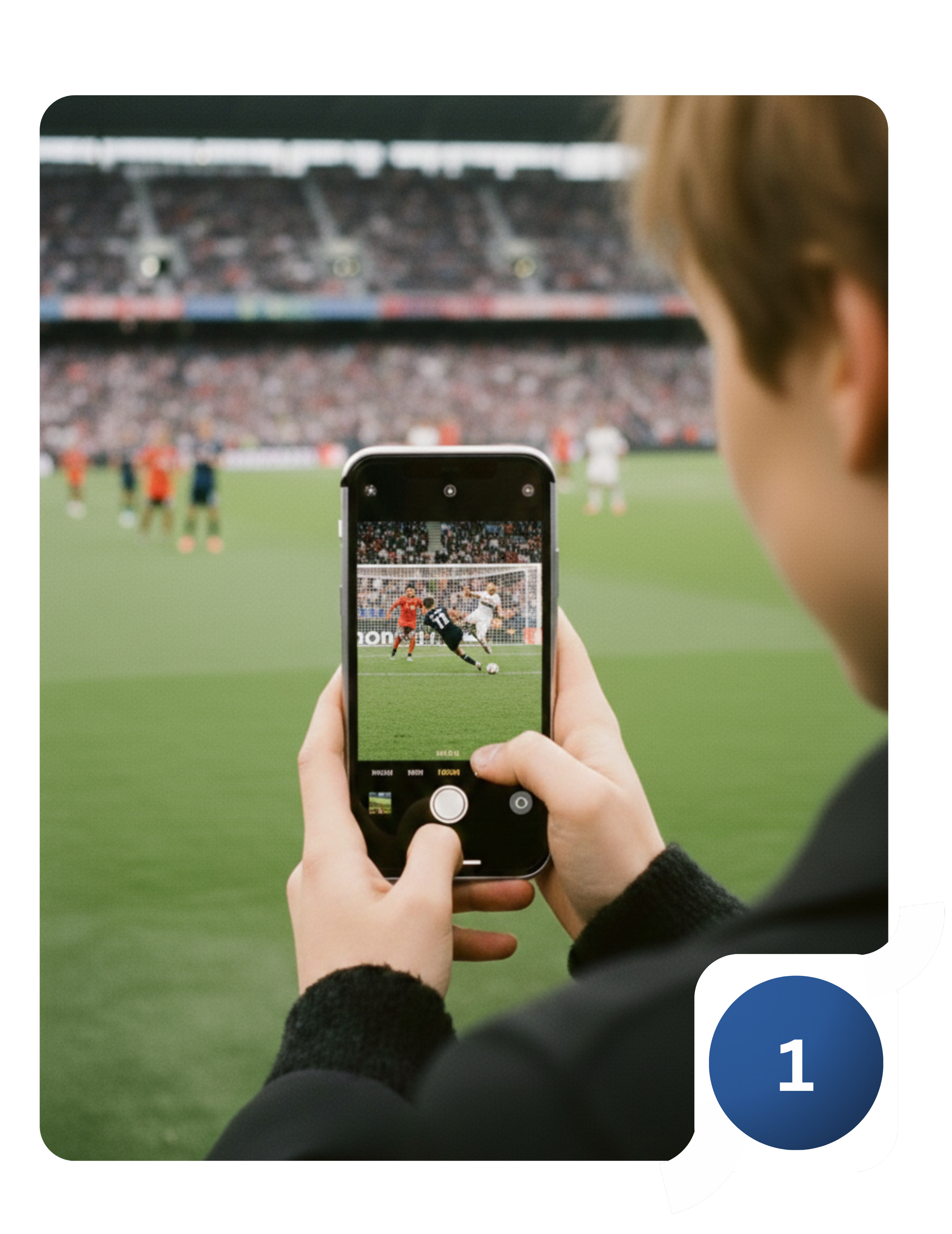 A person is taking a photo of a soccer game on an iPhone camera. The players are close to the goal.
