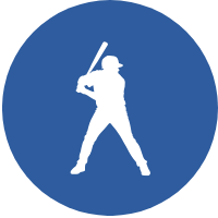 Silhouette of a person holding a baseball bat, poised to swing, on a blue circular background.