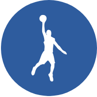 Silhouette of a person jumping while holding a basketball against a blue circular background.
