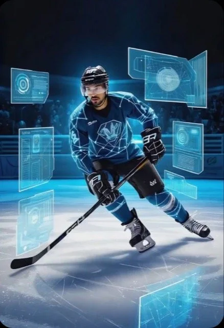 A hockey player in digital hologram surroundings on ice rink.