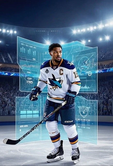 Hockey player in San Jose Sharks uniform with digital data overlays in a stadium.