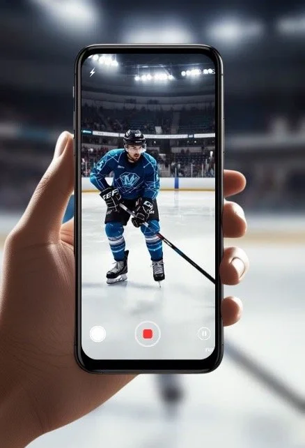 Person recording a hockey player on a smartphone at an ice rink.