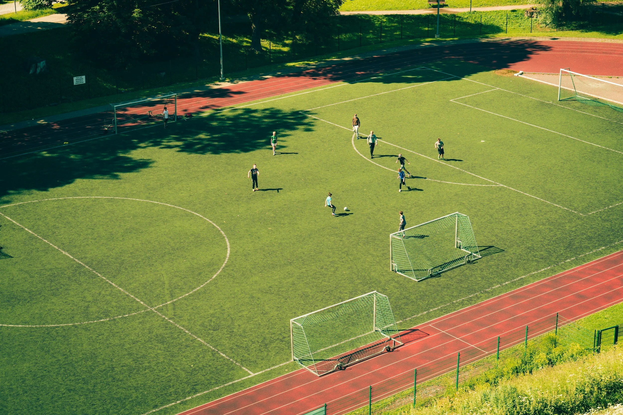 Aerial view of players on a sports field