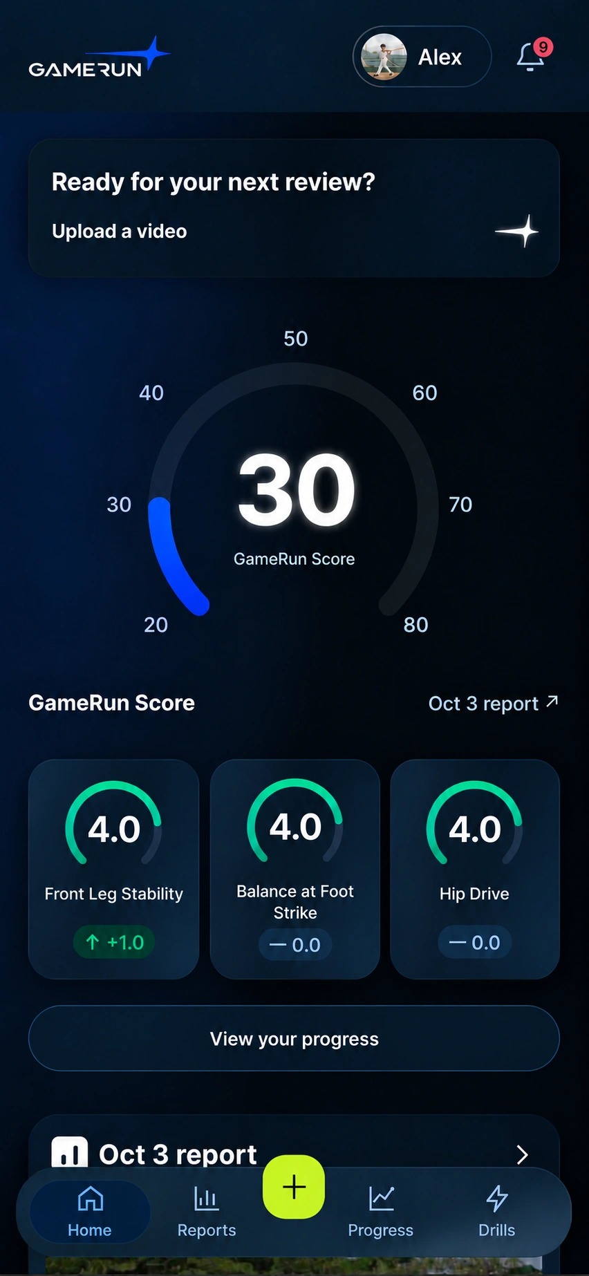 Alex’s GameRun dashboard showing performance scores and progress