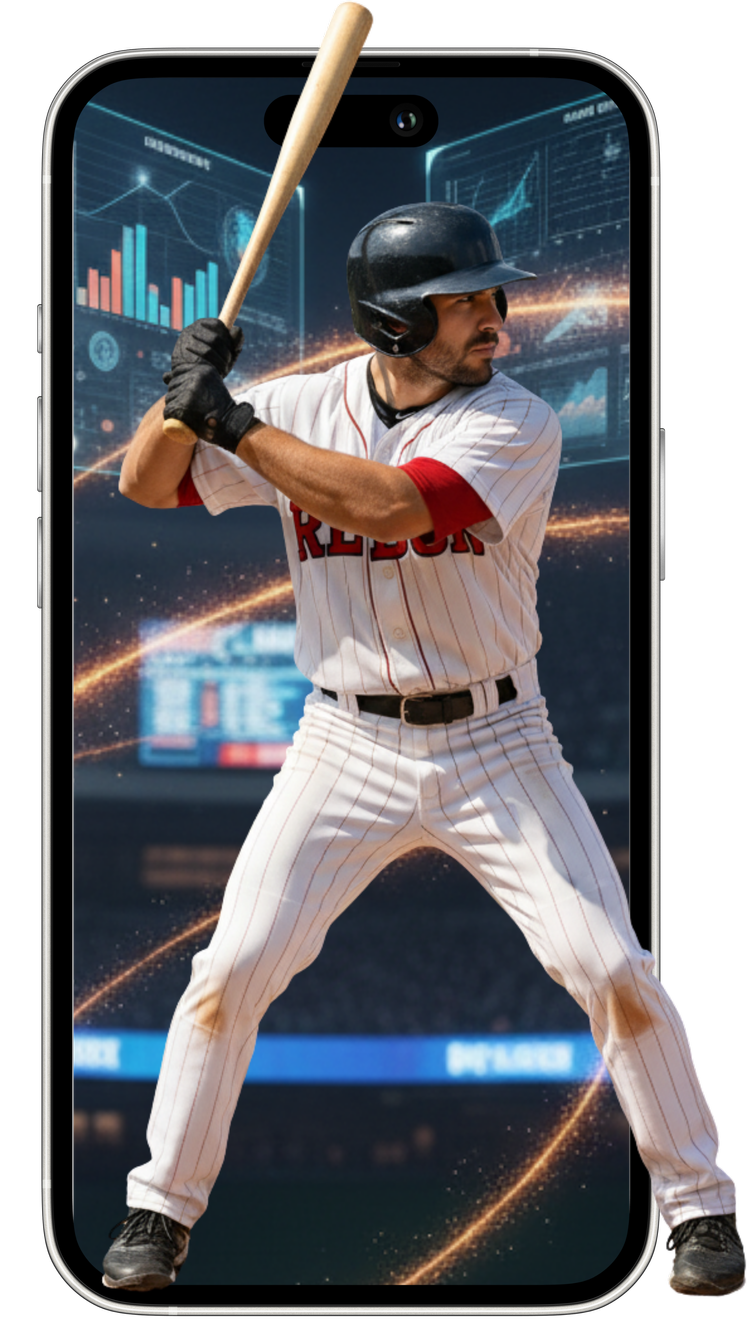 Baseball hitter emerging from a smartphone analysis graphic