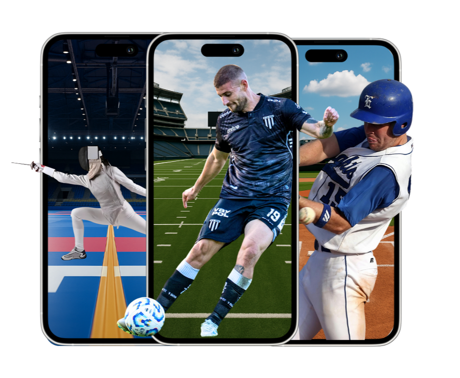 Fencing, soccer and baseball athletes displayed on three phones