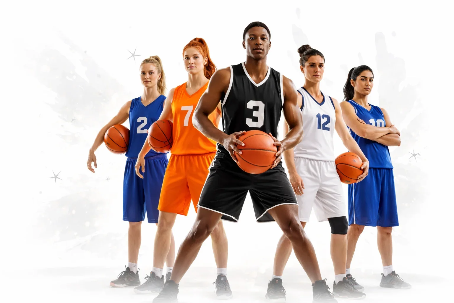 A group of 5 basketball players standing on a white background. Four of them have basketballs in their hands.