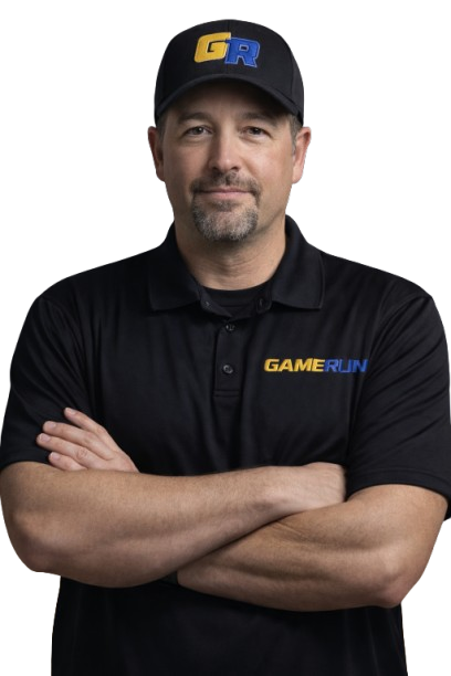 Person wearing GameRun shirt and hat.