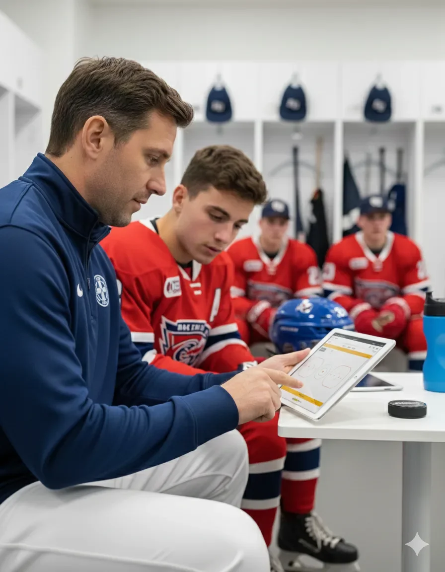 Coach and ice hockey player reviewing a tablet in the locker room
