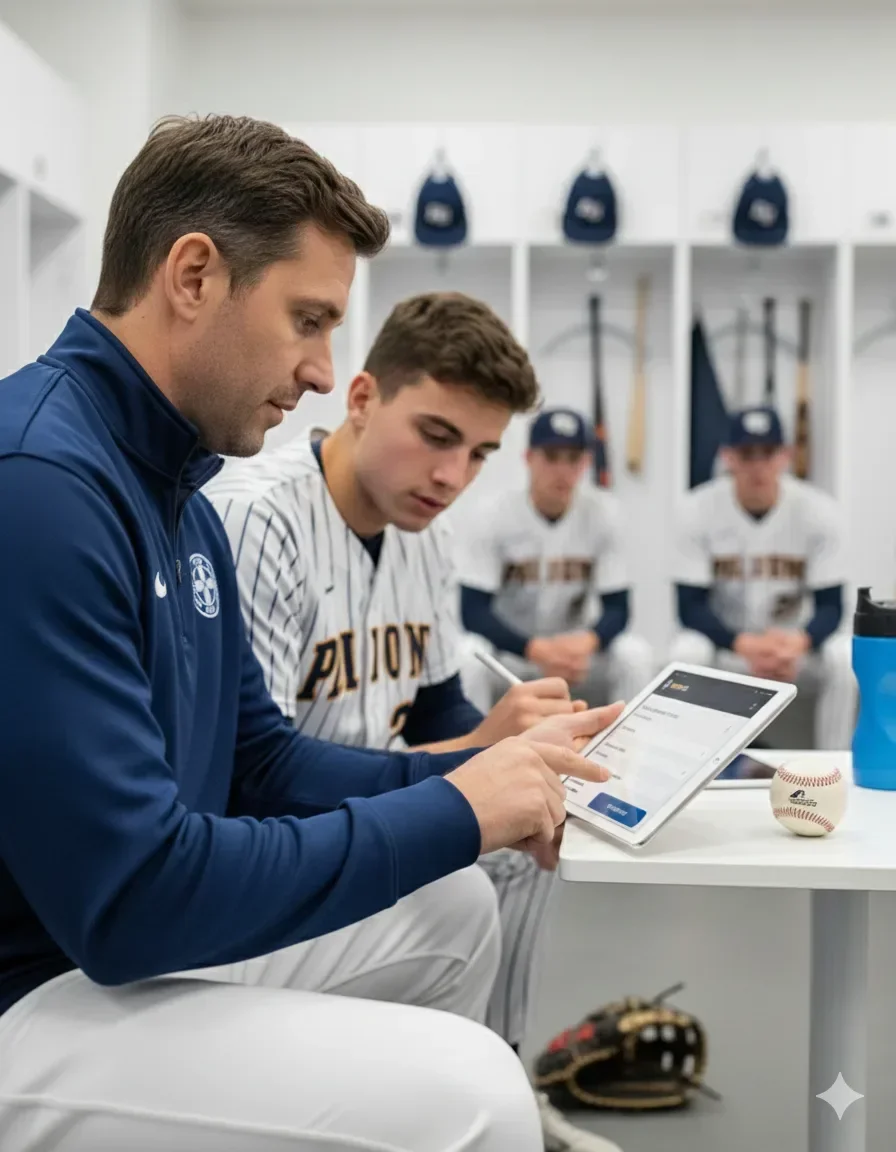 Coach discussing a report with a baseball player