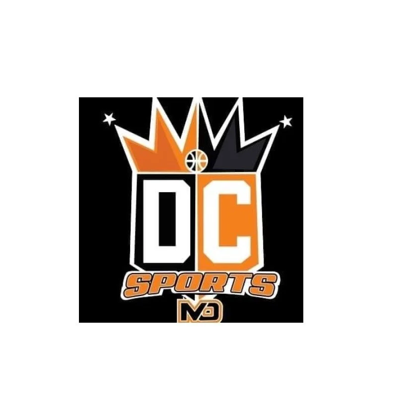 Logo for DC Sports featuring a crown, a basketball, and the text 'DC Sports' with a black, white, and orange color scheme.
