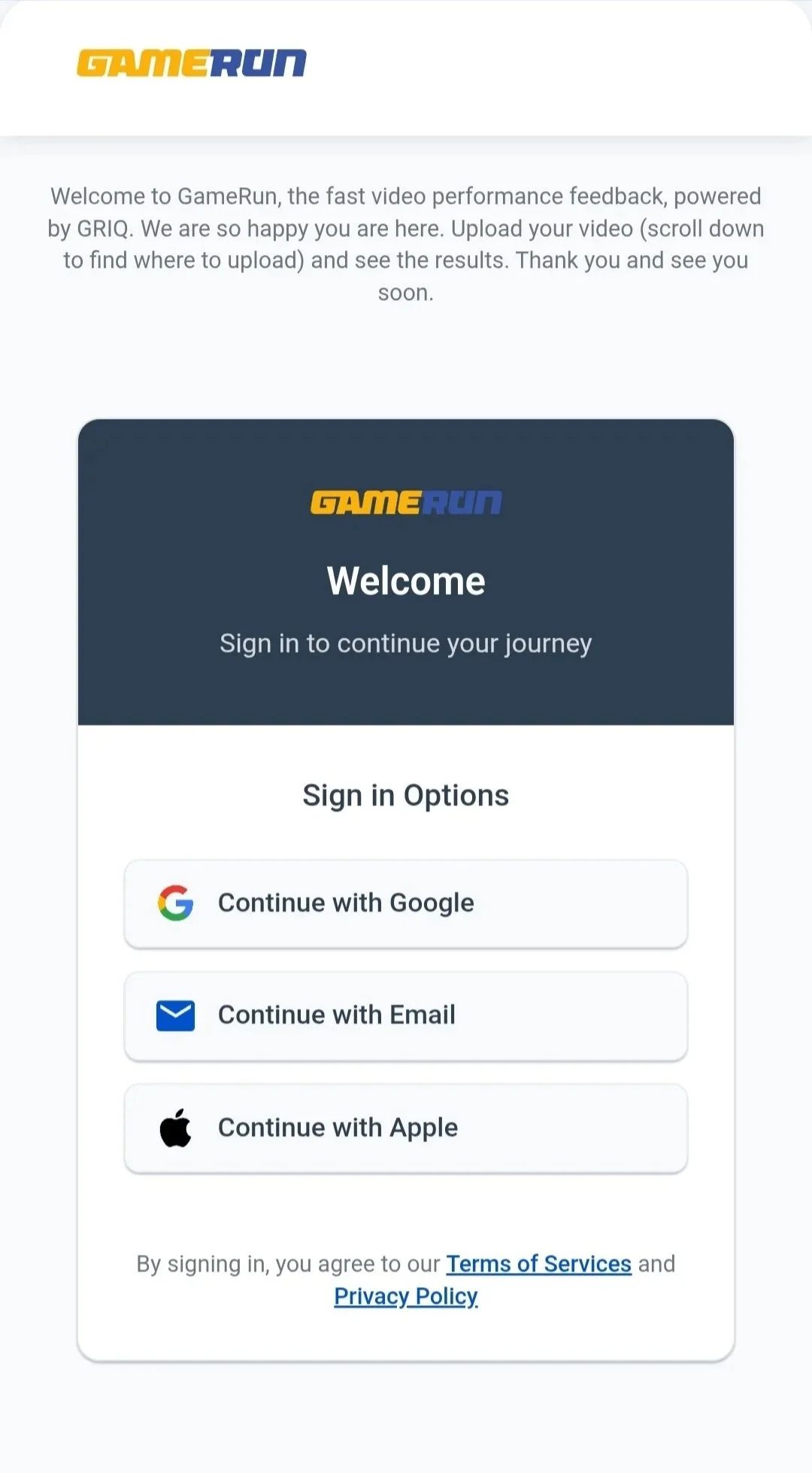 GameRun account sign in screen