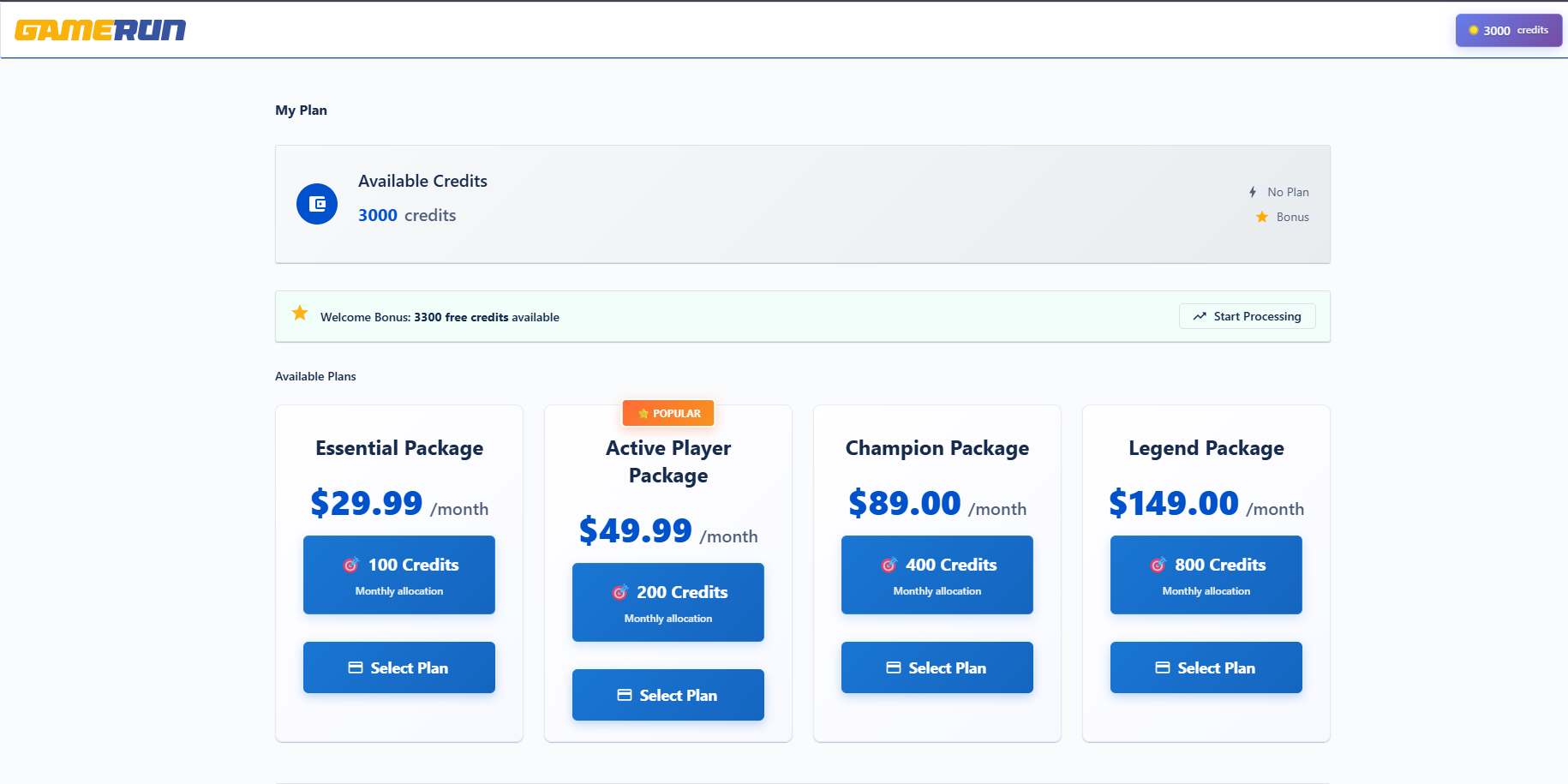 GameRun analysis credit packages