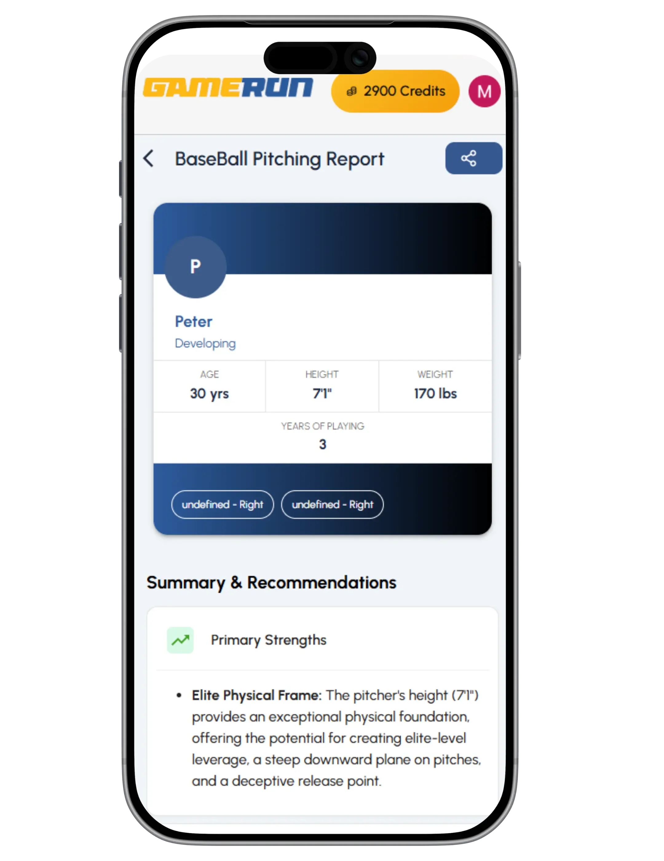 GameRun baseball pitching report on a phone