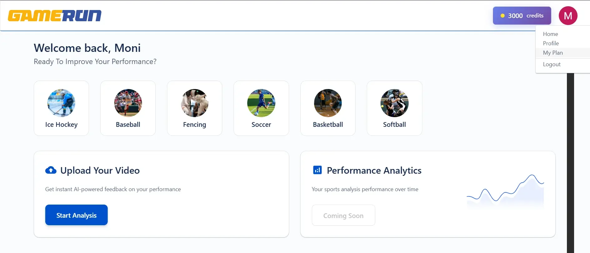 GameRun dashboard with upload and performance analysis options