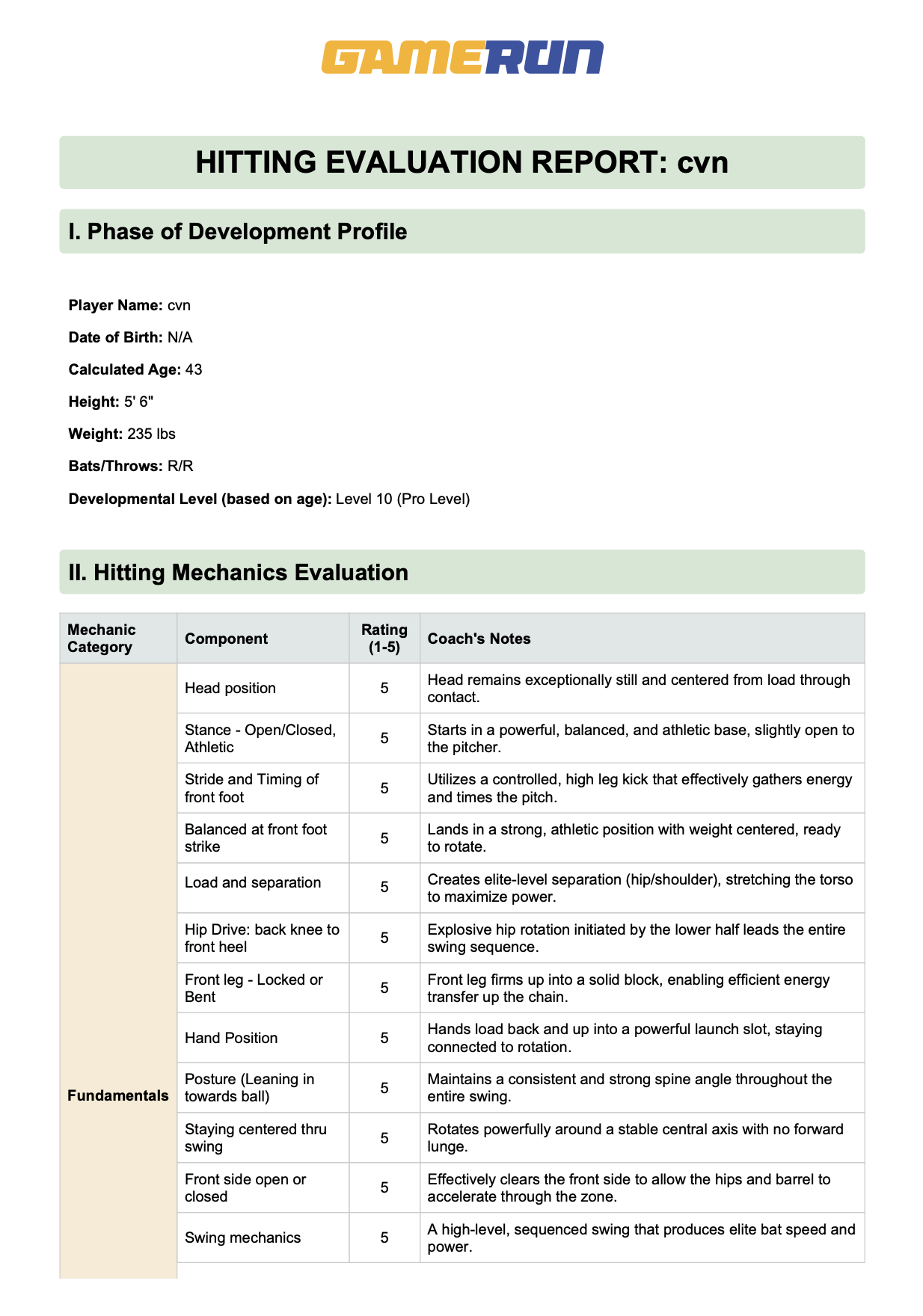 GameRun hitting evaluation report