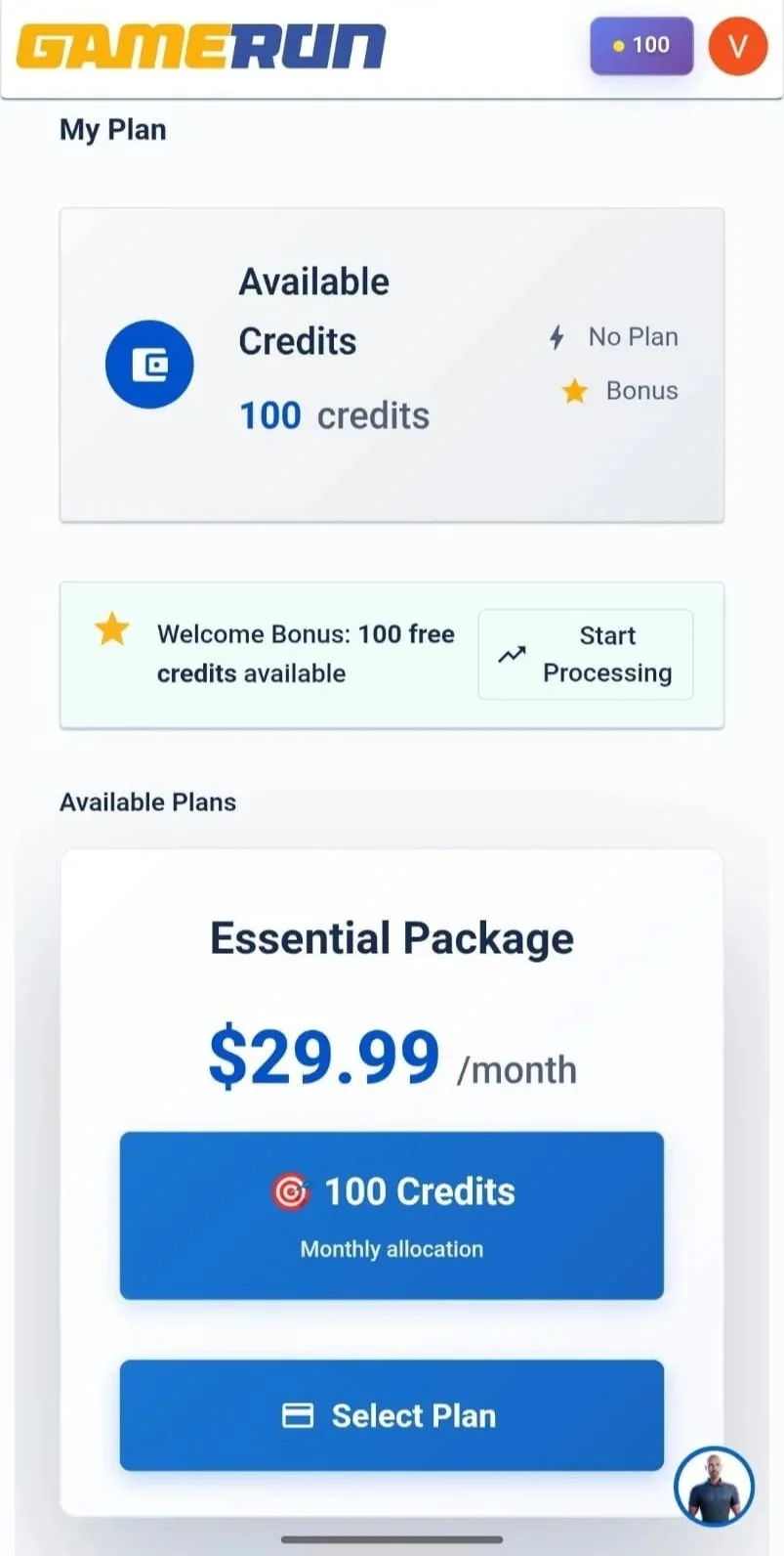 GameRun mobile analysis credit purchase screen