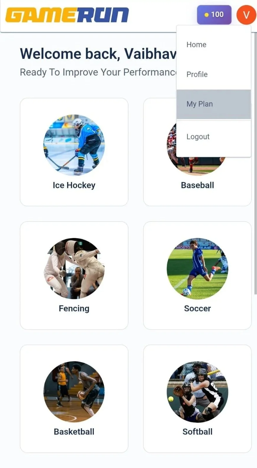 GameRun mobile dashboard with sport selection