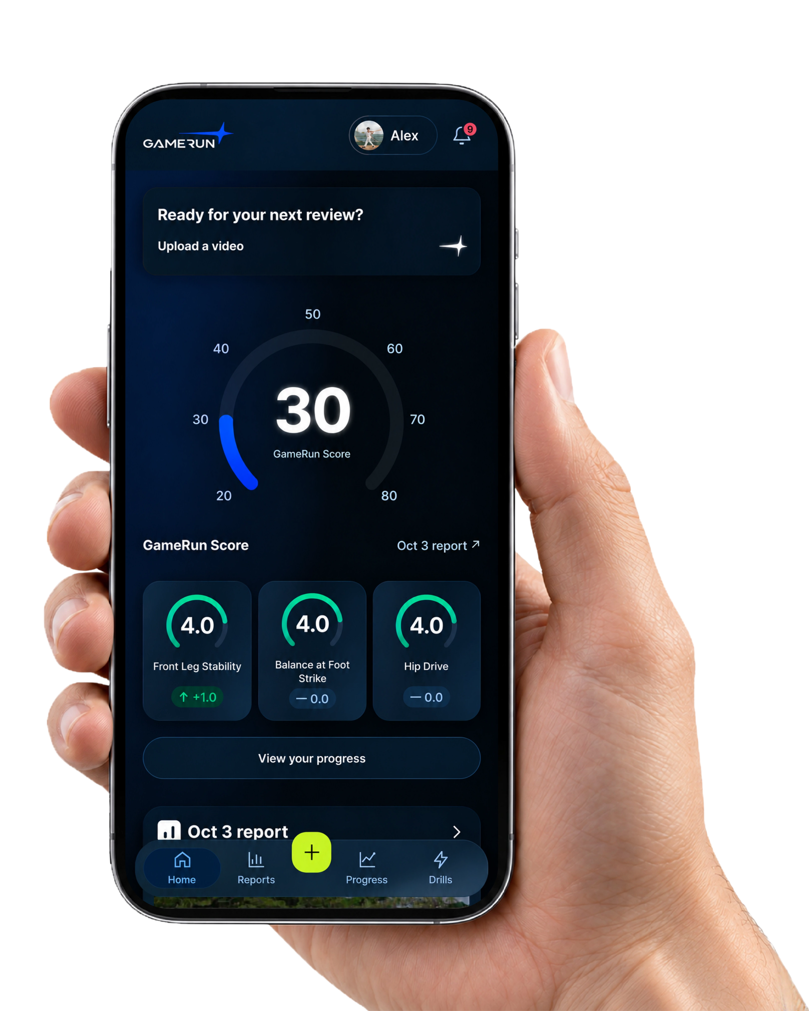 GameRun performance analysis displayed on a phone