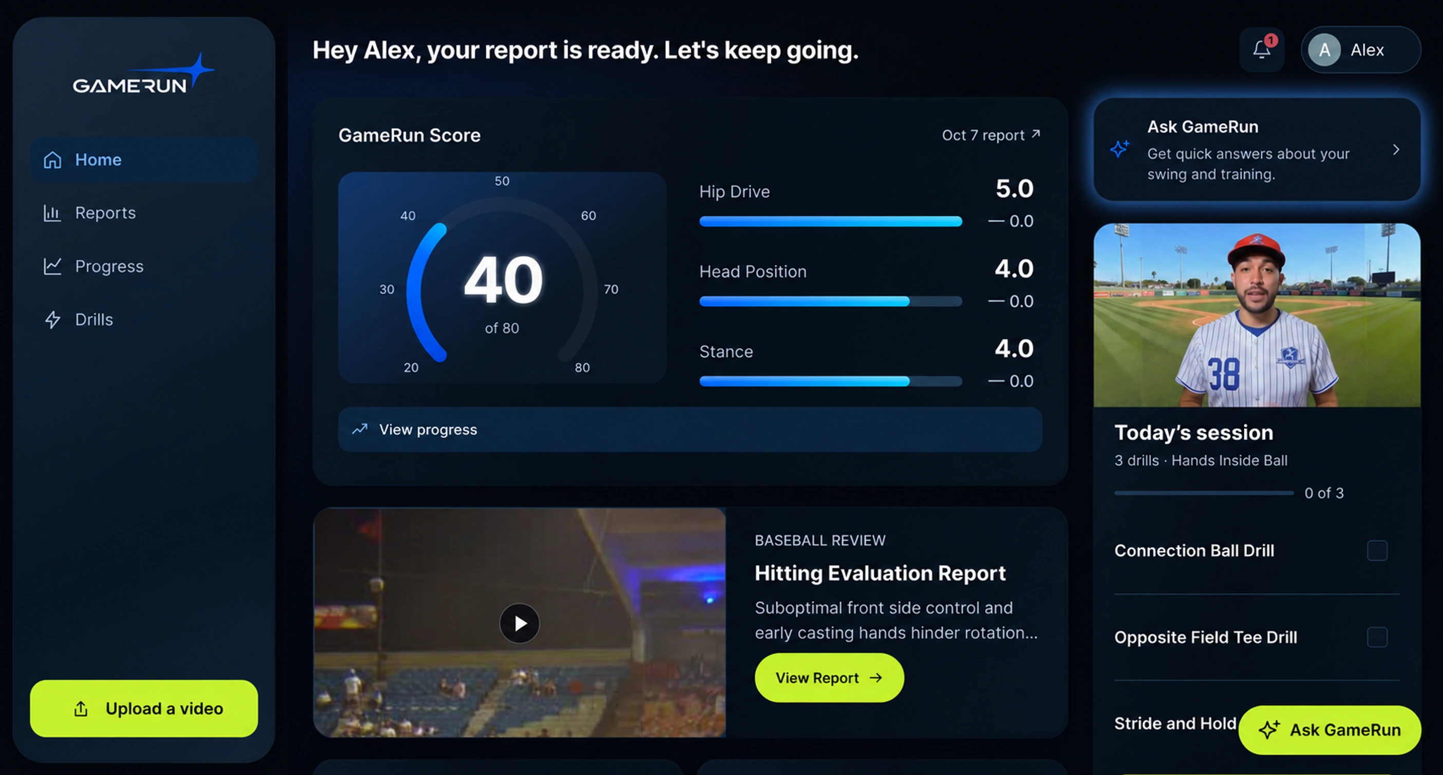 GameRun player dashboard with analysis and training goals
