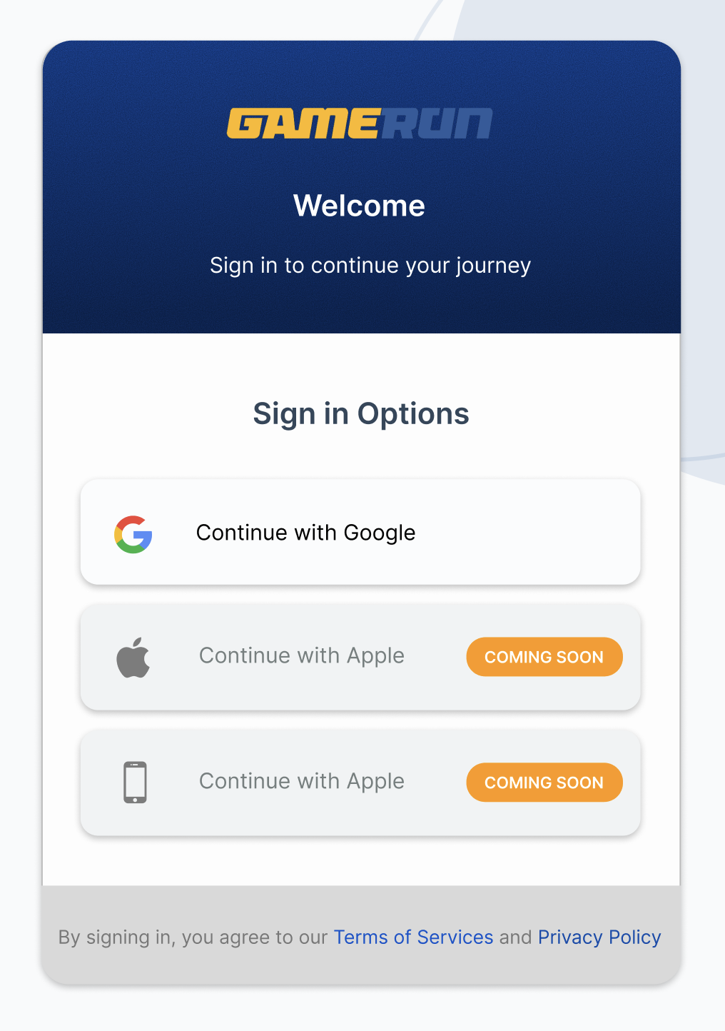 GameRun sign in options