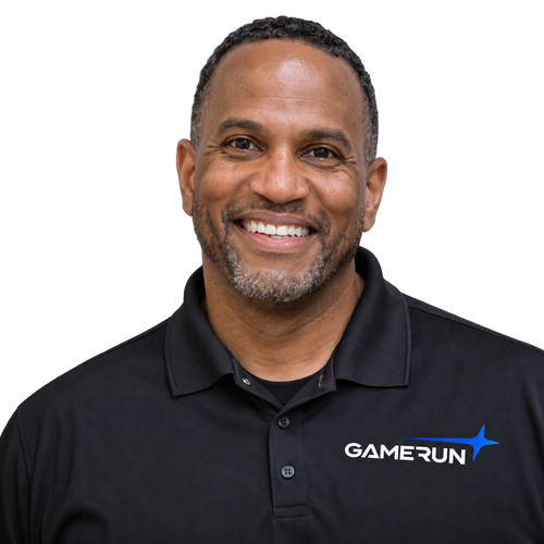 GameRun team member wearing a branded polo shirt