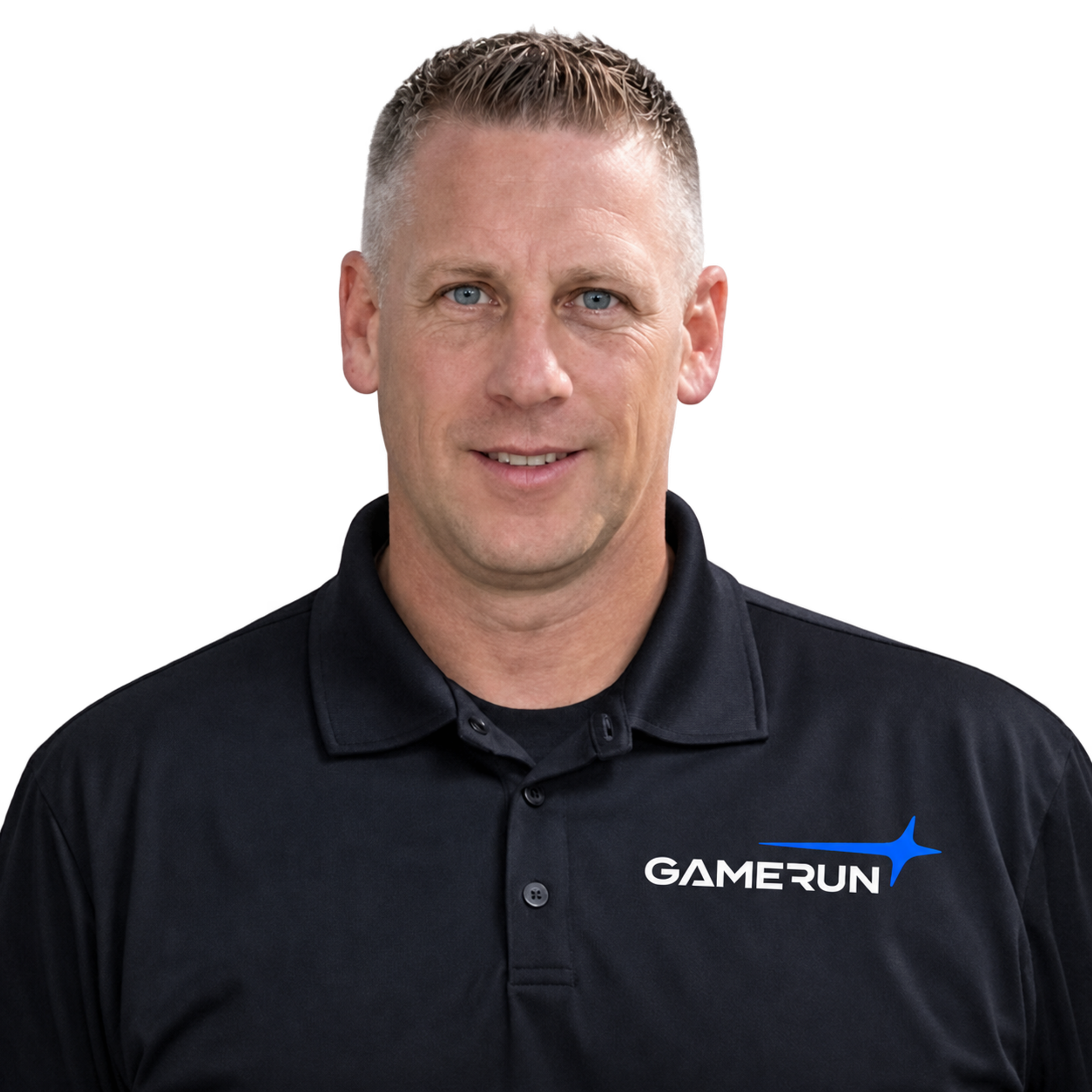 GameRun team member wearing a branded polo shirt