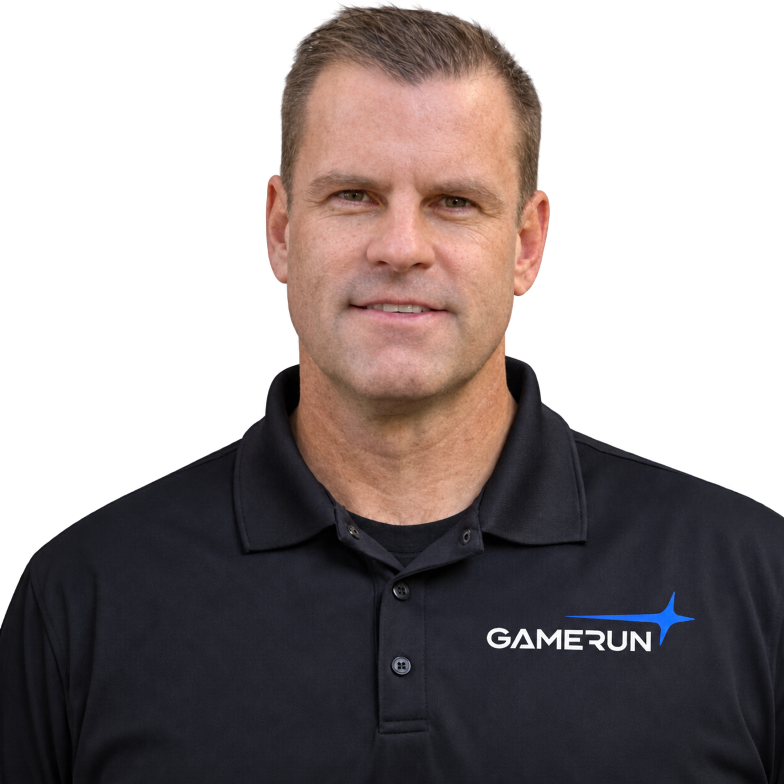 GameRun team member wearing a branded polo shirt