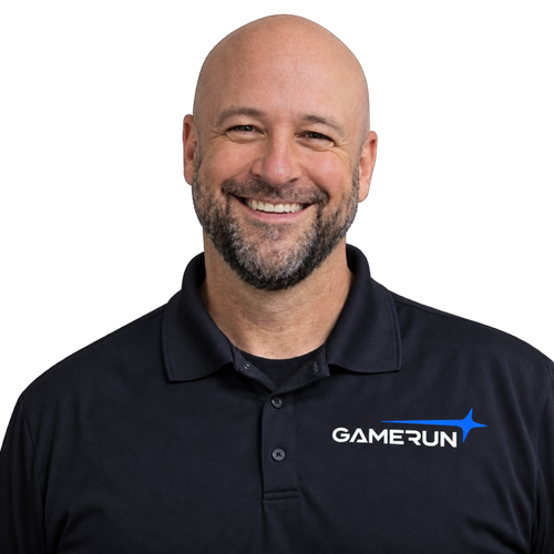 GameRun team member wearing a branded polo shirt