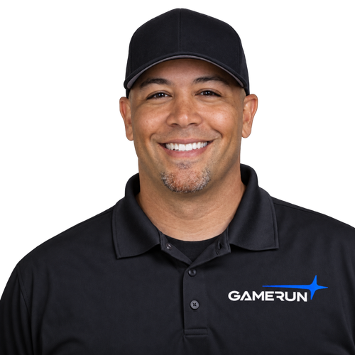 GameRun team member wearing a branded polo shirt