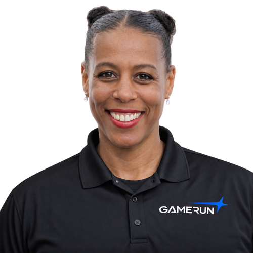 GameRun team member wearing a branded polo shirt