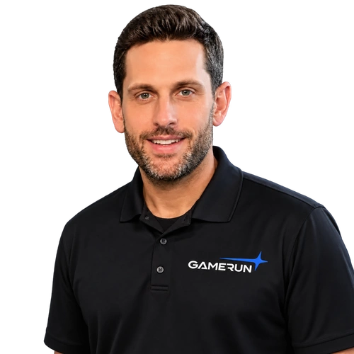 GameRun team member wearing a branded polo shirt
