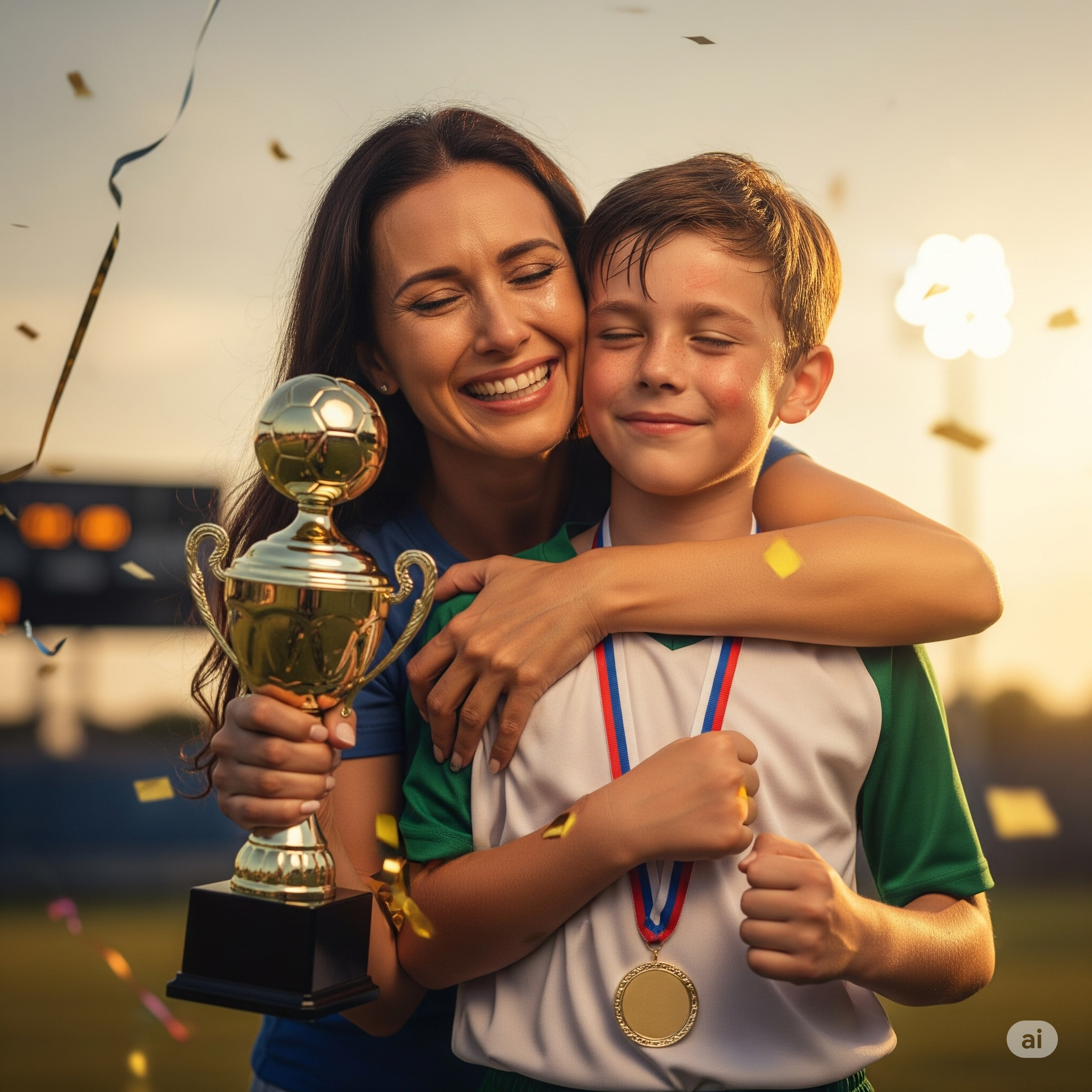 A woman and boy celebrating a victory on a sports field during sunset, hugging each other with the woman holding a trophy and the boy wearing a gold medal around his neck.