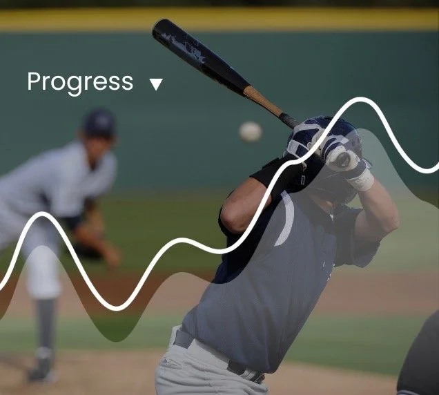 A baseball player about to swing at a pitch during a game, with a graph overlay showing progress.