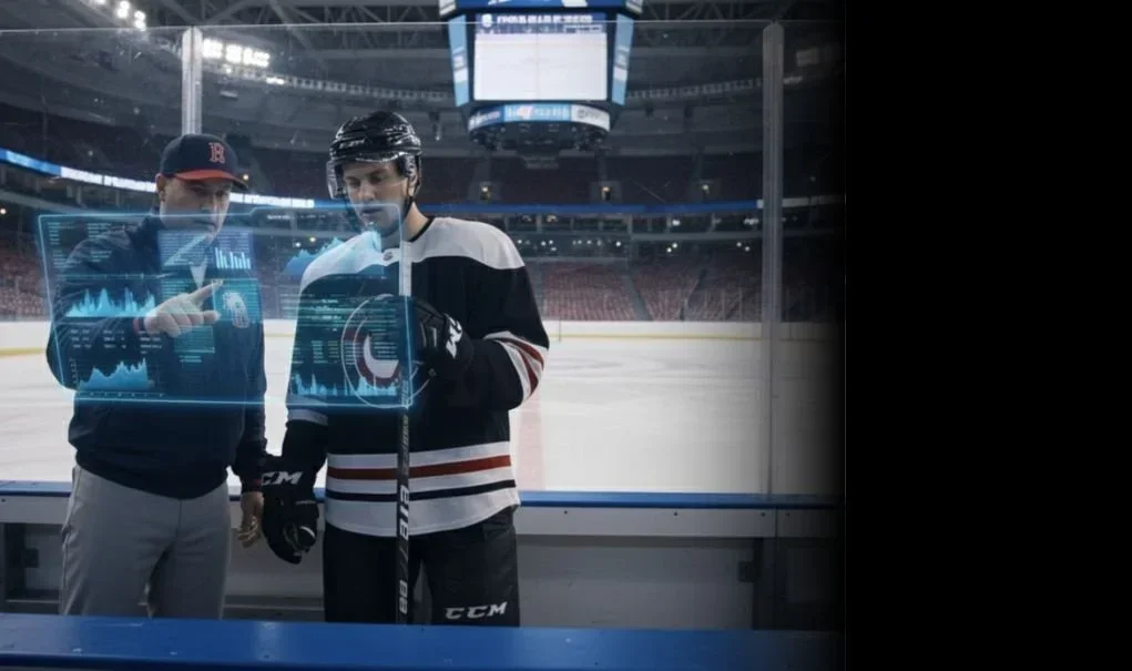 Ice hockey coach and player reviewing an analysis display