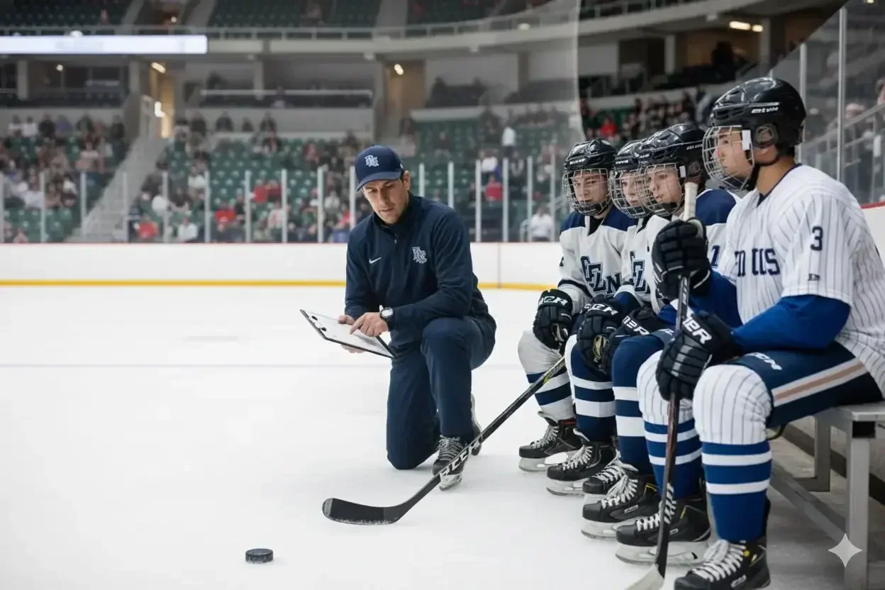 Ice hockey coach reviewing a report with players on the bench