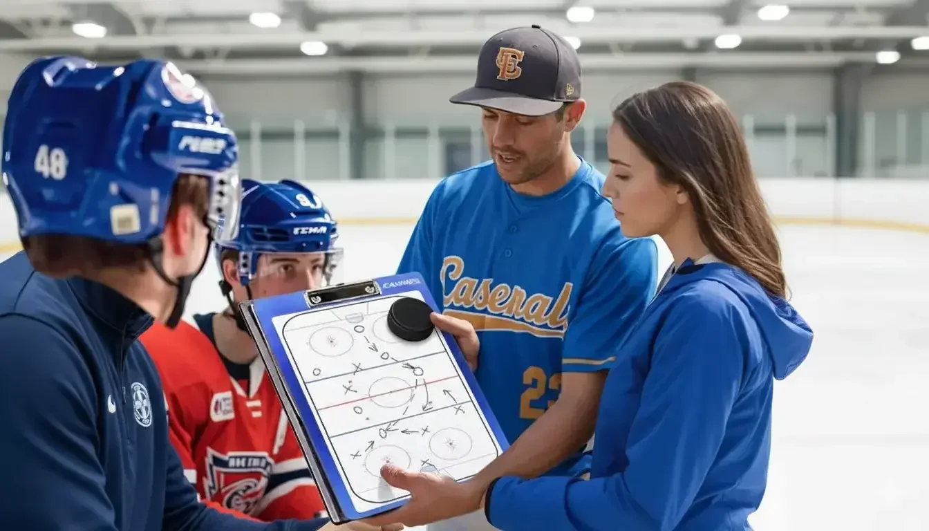 Ice hockey player and family reviewing a performance report