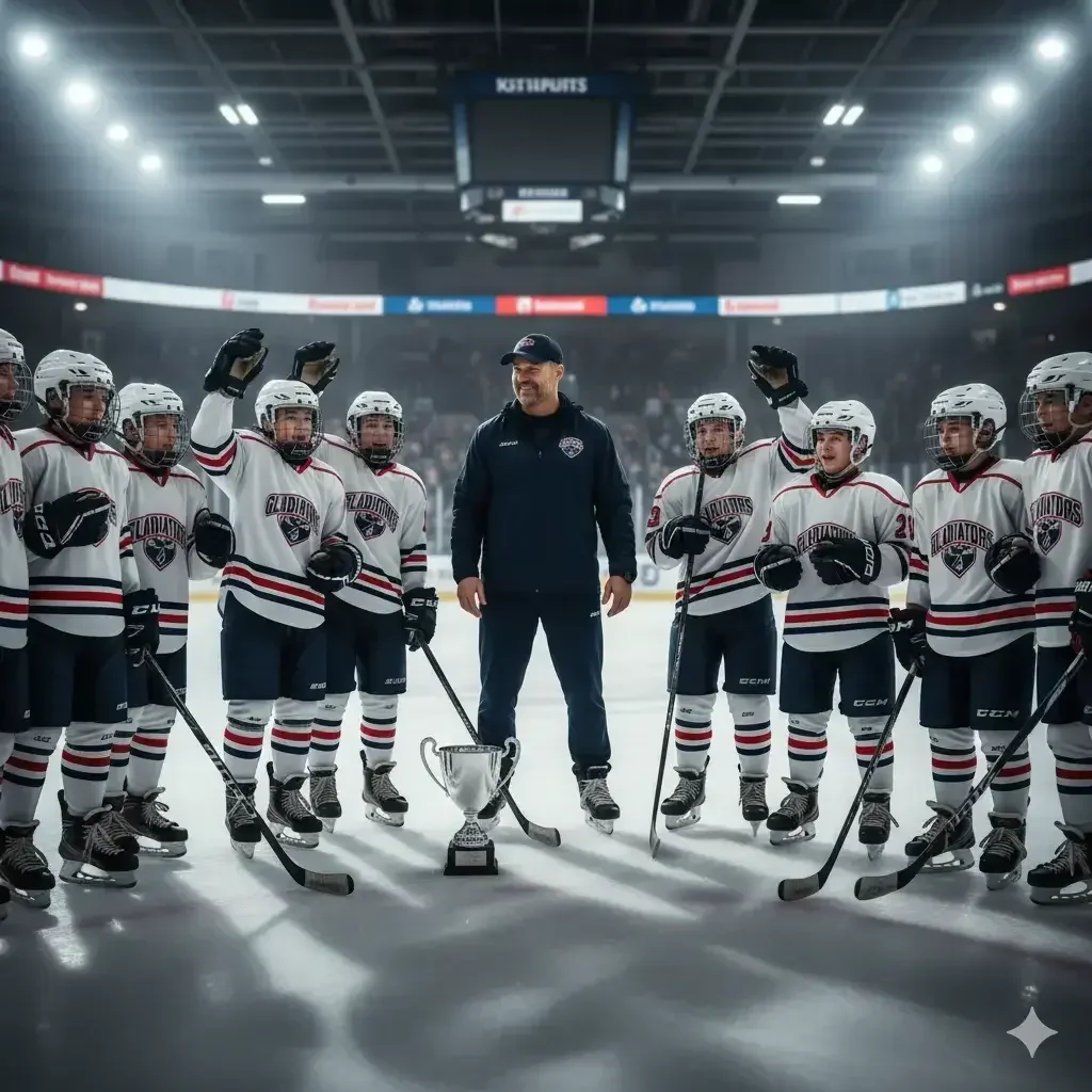 Ice hockey team and coach standing on the rink