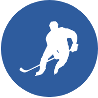Silhouette of a hockey player skating with a stick and puck inside a blue circle