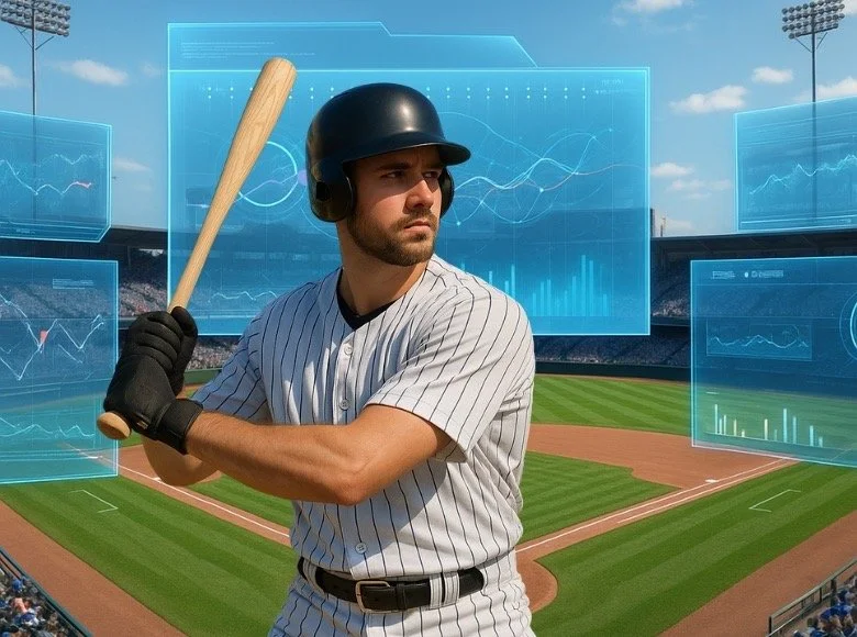 A baseball player in a uniform and helmet holding a bat at a stadium with digital graphs and data overlays in the background.