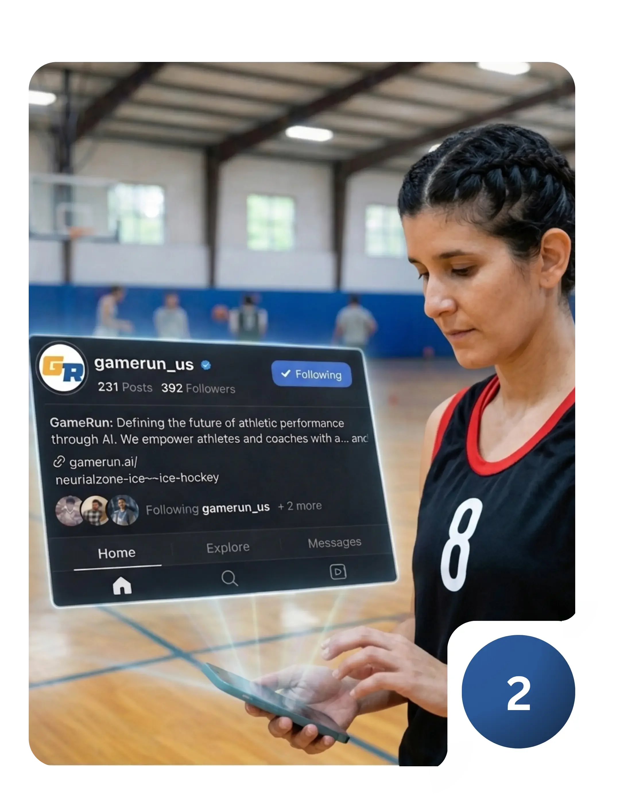 A person is holding an iPhone in the middle of a basketball court. A page of GameRun social media is shown on a projected image coming from the phone.
