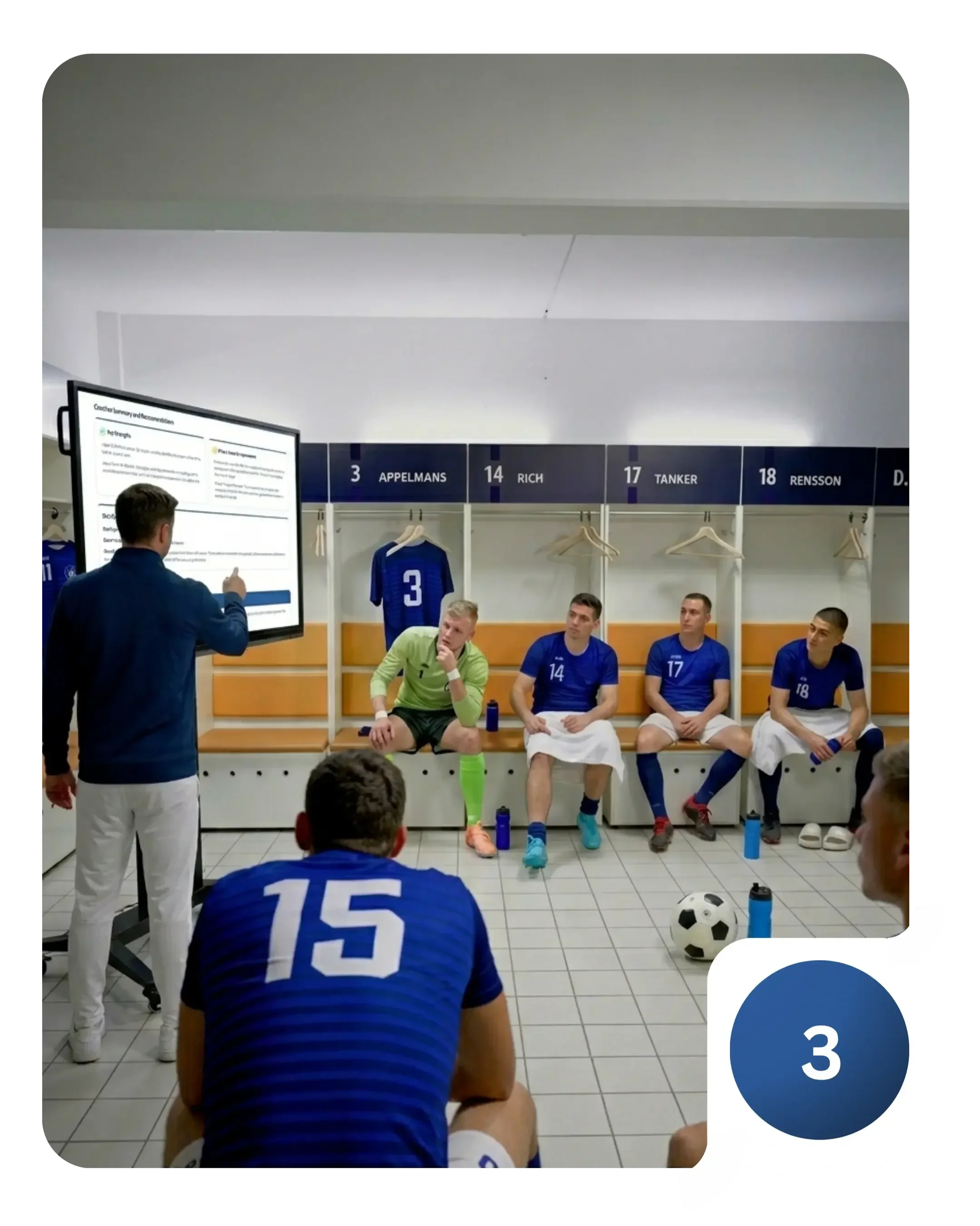 A soccer team is in the locker team, sitting on benches. The coach is pointing at a large monitor TV showing the analysis to the players and a report.