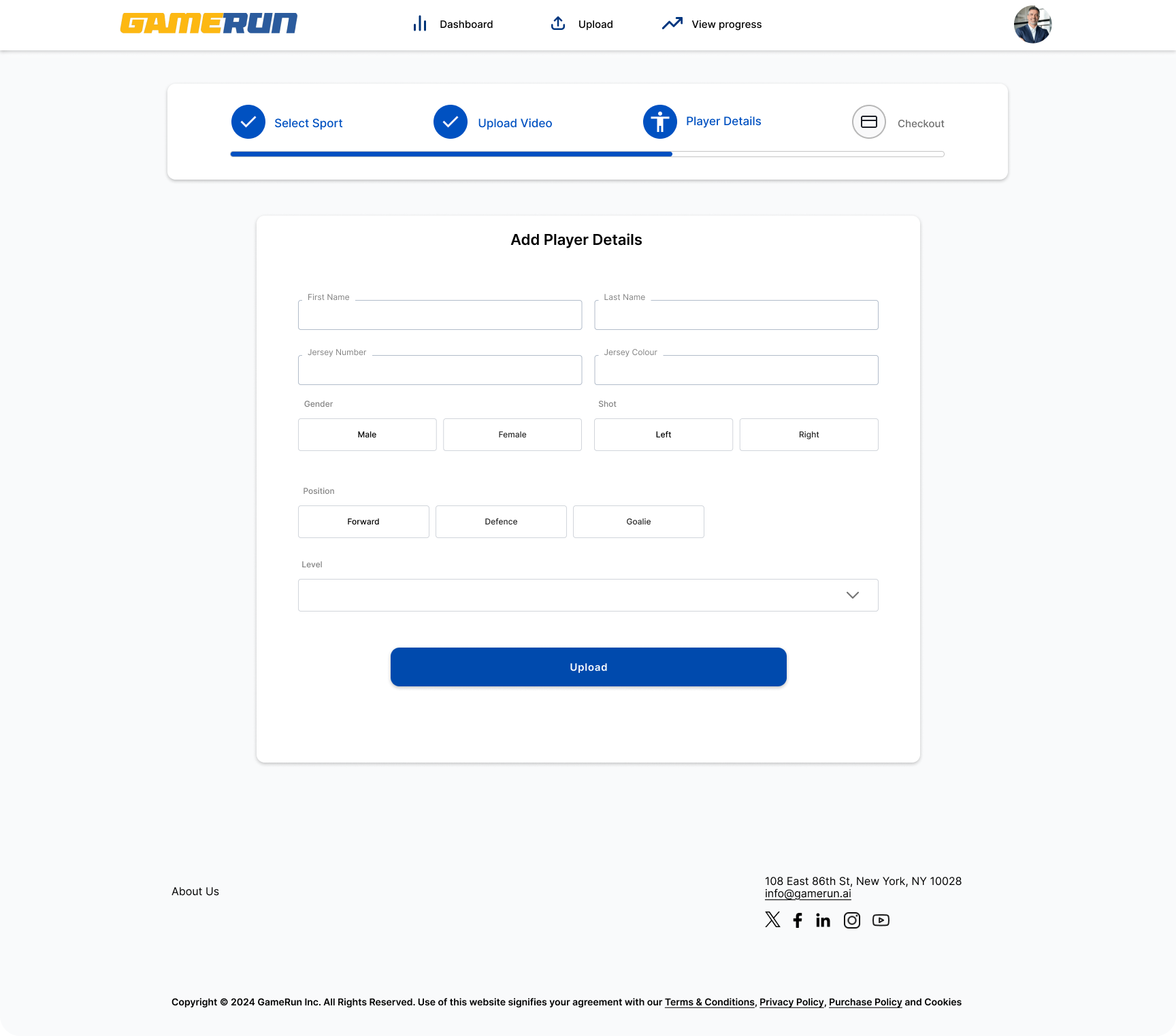 Player details form in GameRun