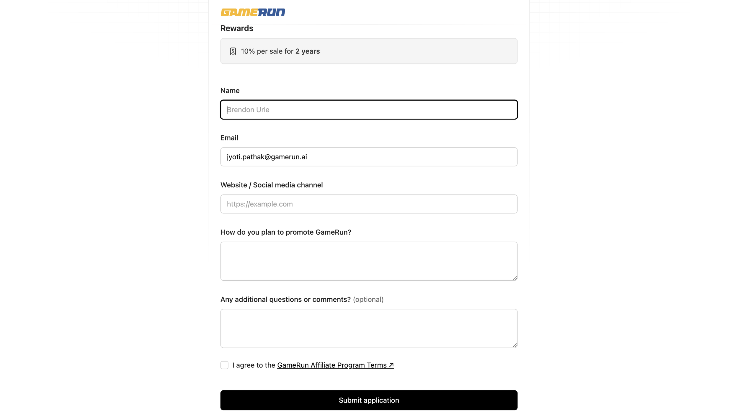 Part of a webpage with the logo 'GAMERUN' at the top. Below it, a rewards section mentioning '10% per sale for 2 years'. Several form fields for name, email, social media link, promotion plan, additional questions, and a checkbox for agreeing to terms. A black 'Submit application' button at the bottom.