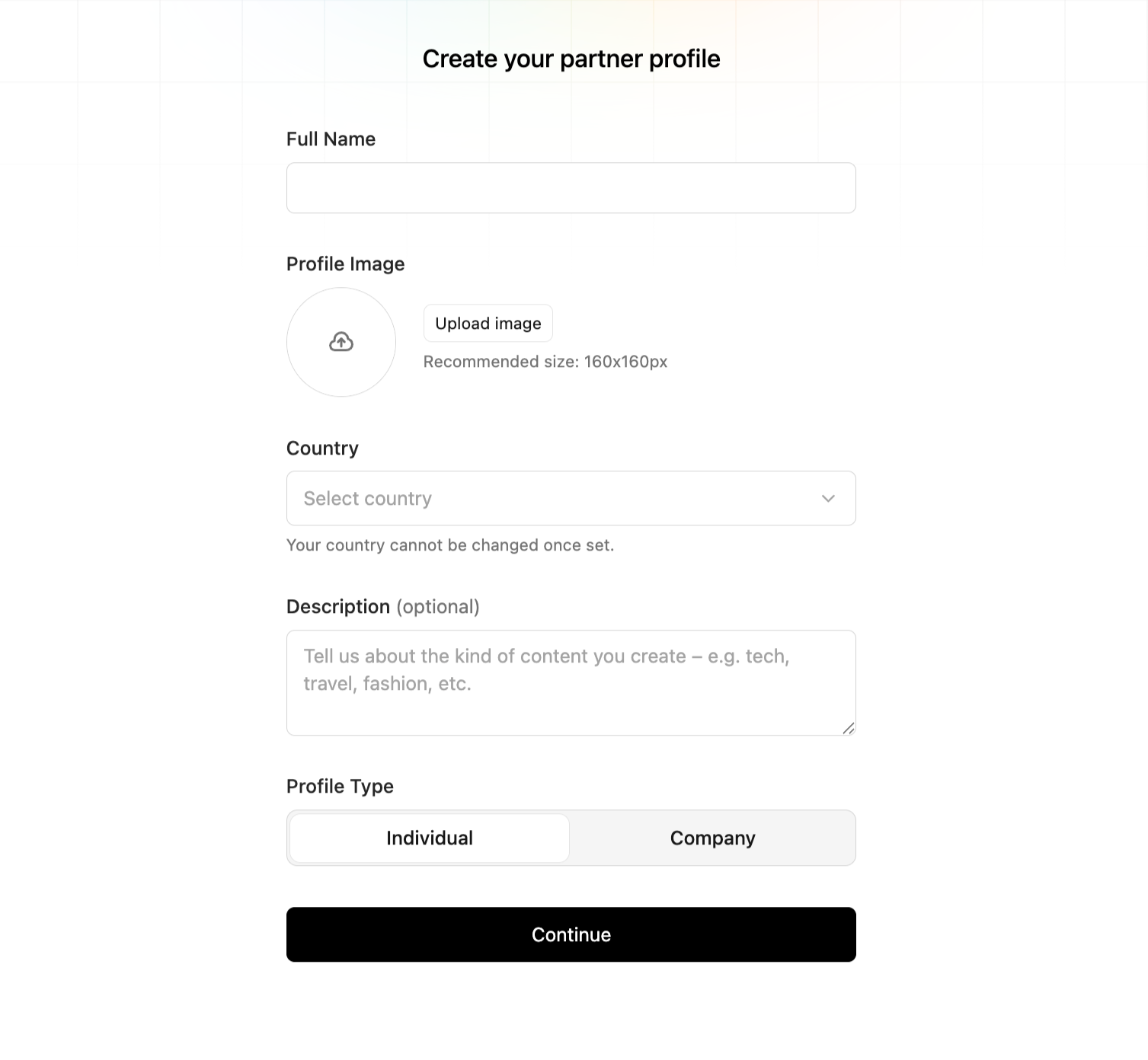 Online form for creating a partner profile, including fields for full name, profile image upload, country selection, optional description box, profile type options for individual or company, and a black 'Continue' button.