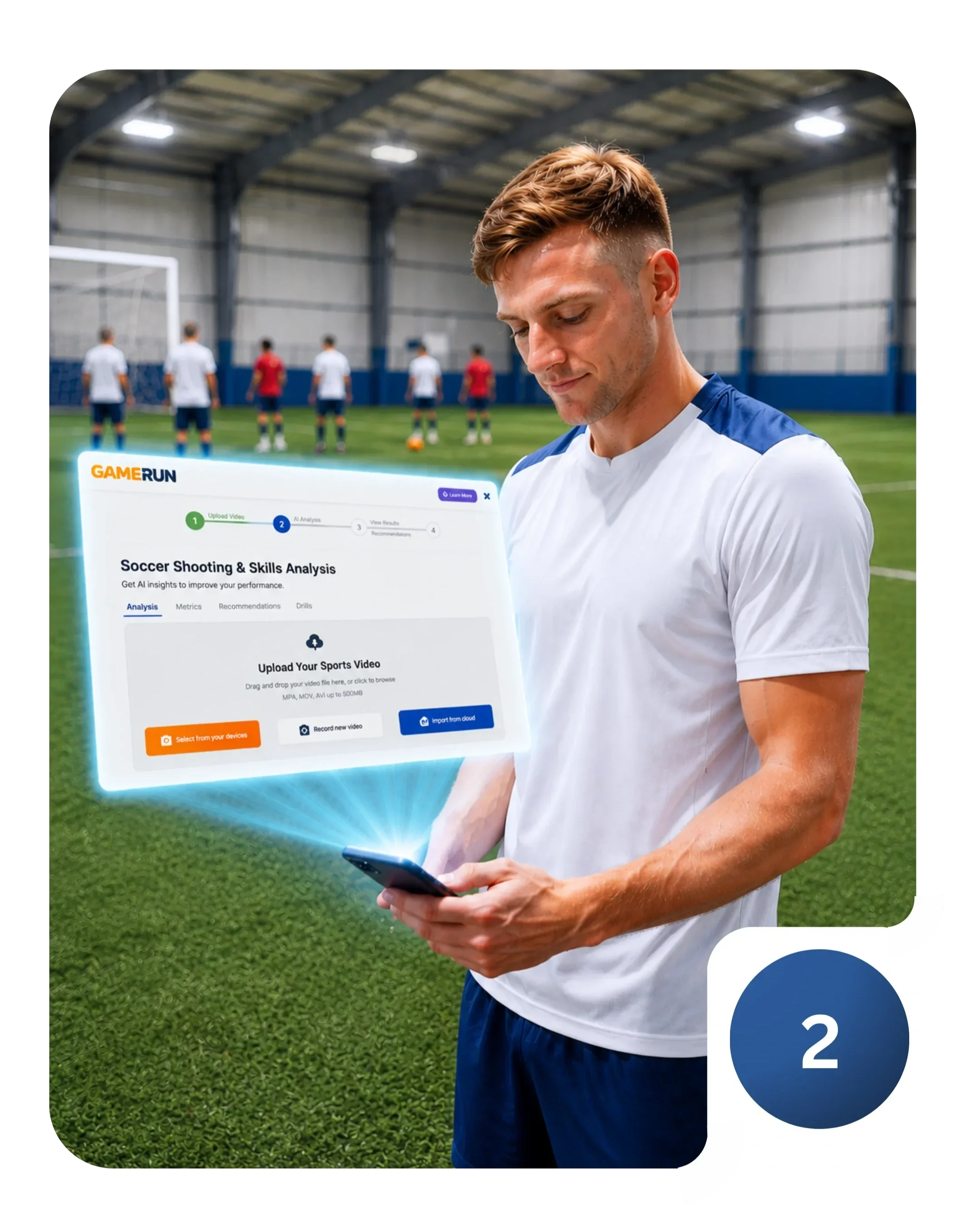 A man in a white shirt and blue shorts is looking at his phone. A projection of the GameRun UI is emerging from the phone. There are soccer players in the background.