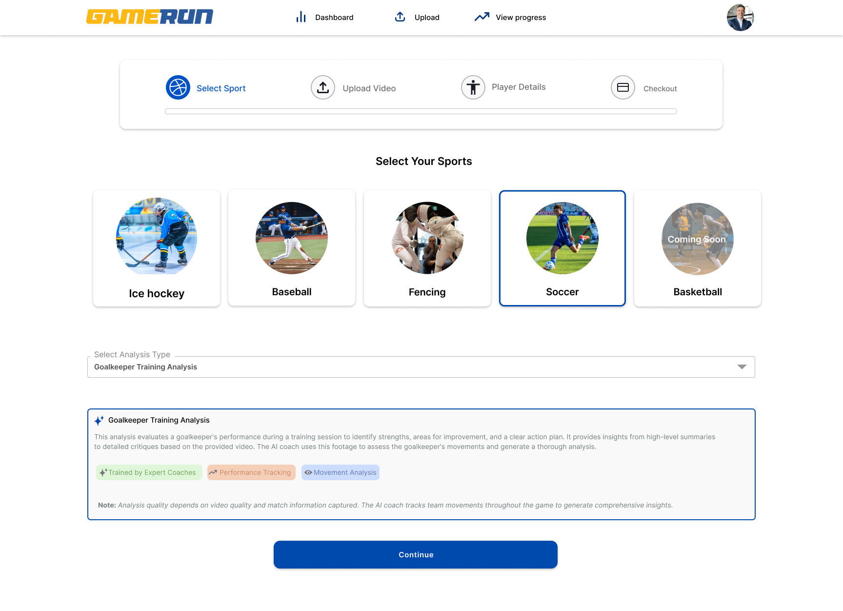 Sport and analysis type selection in GameRun