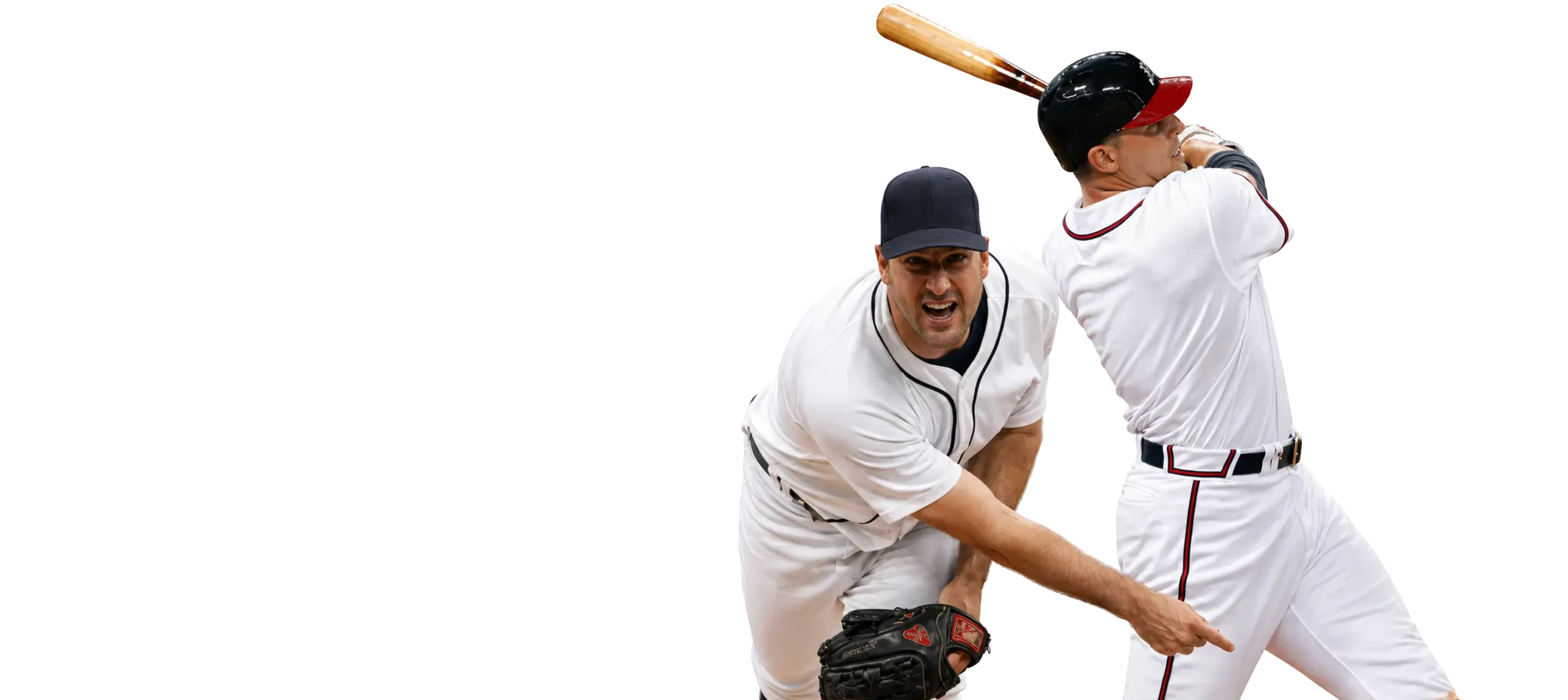 Two baseball players are shown. One is in the final motion of swinging a bat, and the other is in the final motion of throwing a ball with a pitcher's glove.