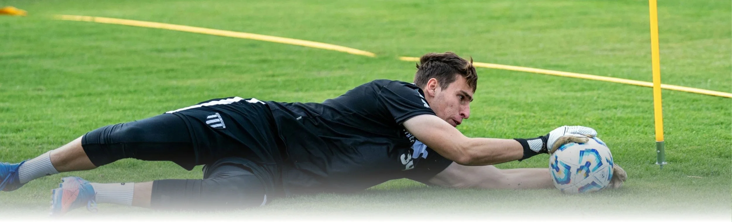 A male soccer goalkeeper diving on the grass to catch a soccer ball during a training session or game.