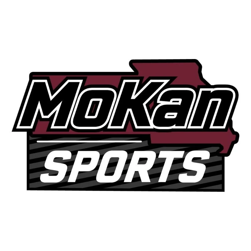 Logo for Mokan Sports featuring an outline of the state of Oklahoma in maroon with the words "Mokan Sports" in bold, black and white text.